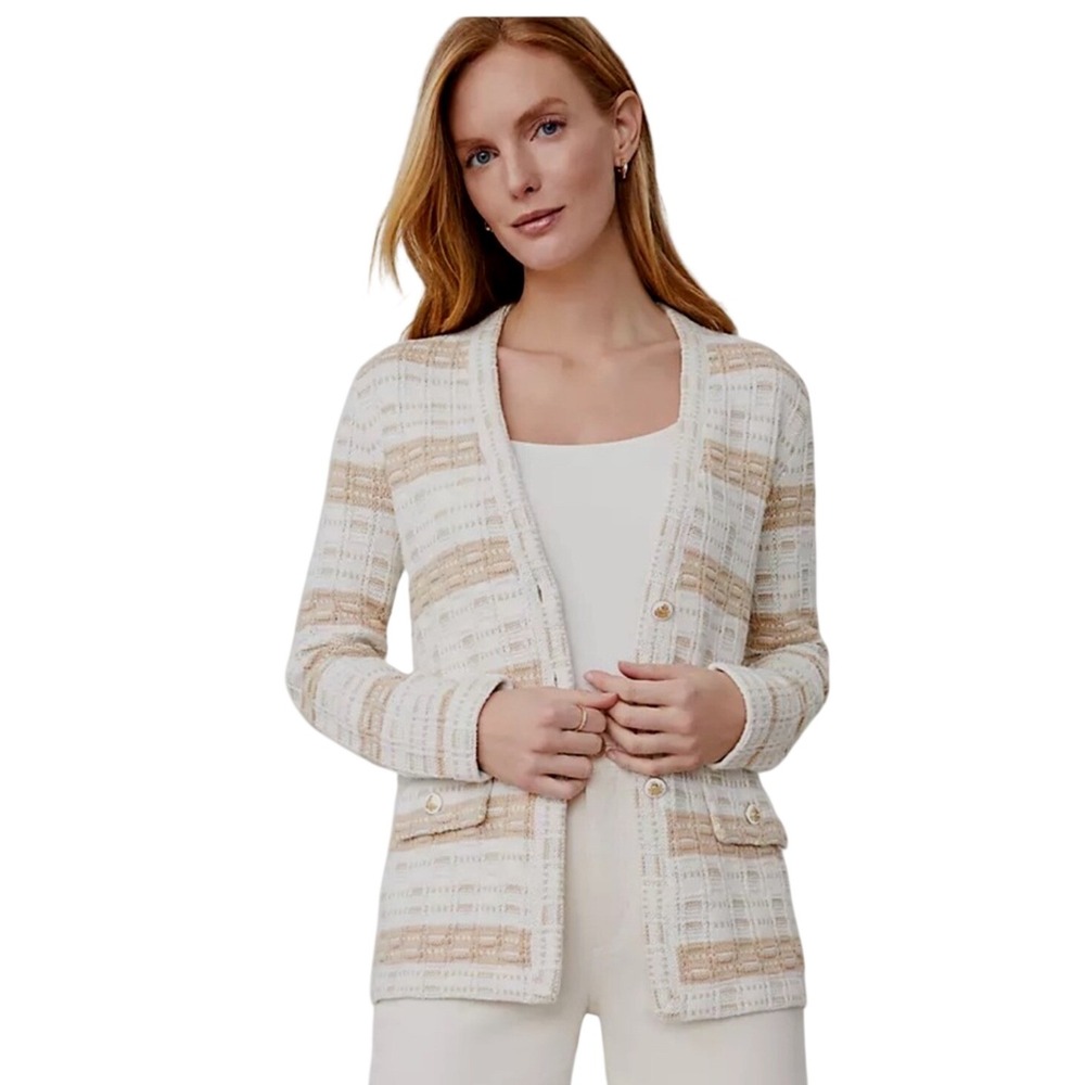 Ann Taylor XS Tan White Striped Tweed Metallic Knit Cardigan Sweater
